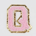 Pink chenille embroidered letter Q patch with gold glitter borders for passport covers - Letter Q
