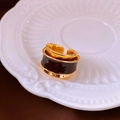 Gold plated wide open ring featuring black enamel inlay and minimalist luxury style - 65# Ring - Gold - Black Enamel Wide