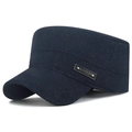 Winter men's navy blue flat top military cap with textured fabric and leather patch - Adjustable / Navy Blue