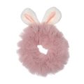 Detailed close-up of a pink faux rabbit fur scrunchie with cute bunny ears on white background - Pink Bunny Ears