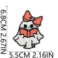 Detailed view of white ghost embroidery patch with pink book and size measurements - Bow Book Ghost (3)