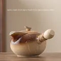 Ceramic teapot with side handle and lotus relief, brown glaze, 1000ml capacity - 1000ml / Heyun Jar Pot (1000ml) / 23.3cmx12.2cm