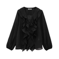 Detalle de blusa de gasa negra con volantes en capas, cuello en V y cierre de botones - XS / Negro