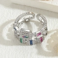 Silver double-layer geometric ring featuring multicolored zircon stones and textured edges - Square Double Layer Ring - Silver Color