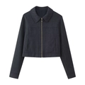 Detail of a dark grey cropped twill jacket with metal zipper and notched lapels - XS / Black Top