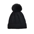 Close-up of black cable-knit winter hat with a large matching faux fur pom-pom detail - Black - Adult Single Pom-pom Style