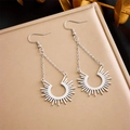 Silver long chain earrings with sunburst geometric pendant and polished finish - Geometric Radial Long Style (E5778 Steel Color)