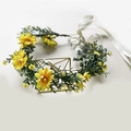 Floral bridal wreath with yellow daisies and green leaves featuring white ribbons - Yellow Daisy Wreath