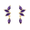 Detail of gold earrings with marquise purple stones in a delicate leaf-shaped design - Purple Zircon
