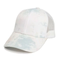 Detail of tie-dye baseball cap featuring white mesh back and pastel marble texture - Grey/White