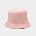 Close-up of pink terry cloth bucket hat with minimalist white embroidery detail - One Size / Pink