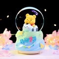 Snow globe music box featuring Winnie the Bear on blue car with Happy base decoration - 2478 Bus / Large Size 100+ Spins + Snow + Colored Lights + Music