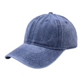 Detailed side view of washed blue vintage baseball cap with reinforced stitching and curved brim - Navy Blue