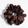 Dark brown satin scrunchie with a glossy silk finish on a neutral studio background - Brown Small