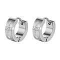 Close-up of silver cross hoop earrings with sparkling inset crystals and polished finish - 5x7mm Cross / Silver