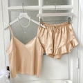 Zweiteiliges Satin-Schlafanzug-Set in Champagner-Gold mit Rüschen für Damen - S / Champagner