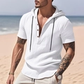 Close-up of white short-sleeve linen hoodie with Henley neckline and beach holiday style - White