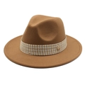 Detail of camel wool fedora hat featuring textured woven band and golden M letter buckle - Khaki