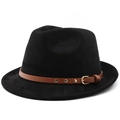 Cappello fedora classico in pelle scamosciata nera con fascia in pelle marrone - M (56-58cm) / Scamosciato Nero