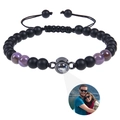 Adjustable custom photo projection bracelet with matte black and purple beads - Amethyst + Matte Stone Bracelet
