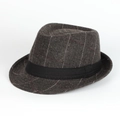 Close-up of deep grey herringbone wool fedora hat with red plaid lines and black ribbon - Adjustable / Coffee