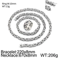 Silbernes Byzantiner-Halsketten- und 10-mm-Ring-Set aus poliertem Edelstahl für Herren - Größe 11 / 3-Teiliges Set (Halskette+Armband+10mm Ring) / Stahlfarbe
