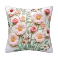Square throw pillow cover featuring 3D pink and red floral embroidery on white background - 18x18 Inch