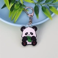 Cute panda acrylic keychain with green bamboo leaf and silver metal lobster clasp - Panda Eating Bamboo Shoots