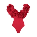 Detail of 3D floral embellishments and pleated texture on a red one-piece swimsuit - S / Red Swimsuit