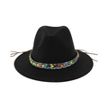 Black wool fedora hat with ethnic colorful beaded woven band and decorative side ropes - 58cm / Black