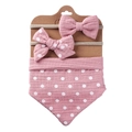 Pink cotton muslin baby bib and matching bow headband set with white polka dots pattern - Pink Polka Dot