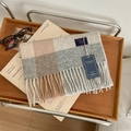 Classic British plaid scarf in beige, grey, and white faux cashmere on wooden tray - 11# Blue Grey Plaid