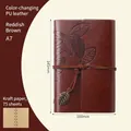 Vintage red-brown A7 PU leather refillable traveler notebook with a leaf charm - Blank Kraft Paper / Red Brown / A7