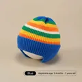 Blue multi-color striped knitted baby earflap hat for infants aged 5 months to 3 years - One Size / Rainbow Hat / Blue