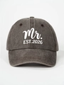 Detailed close-up of vintage washed charcoal baseball cap featuring Mr. EST.2026 print - Adjustable / Mr. / Coffee