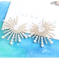 Golden sunflower earrings with white pearls and sparkling rhinestones for parties - Large Size / Gold
