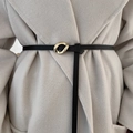 Close-up of a slim black leather belt with an irregular gold metal buckle on a beige coat - Black Plain Pattern Gold Buckle Minimalist Thin Belt (35# Waist Chain-Black-Oval)