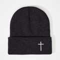 Classic charcoal knit beanie featuring a white embroidered cross on the folded cuff edge - Deep Heather Grey