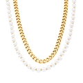 Double-layered gold Cuban chain and white pearl necklace for women in French style - N197-Double Layer Pearl Set