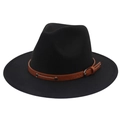 Detailed view of the brown leather band with metal studs on a black fedora hat - Black (2 Studs)