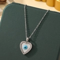 Silver heart necklace with blue evil eye pendant and shell inlay on green box - A12-Silver