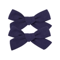 Set of two navy blue bow hair clips made from textured linen cotton blend fabric - Bow Hair Clips Set / Dark Blue