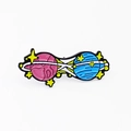 Creative enamel pin with pink and blue planets connected by white infinity orbit path - Infinite Orbit Style (CC1804)