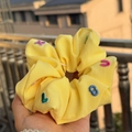 Sweet yellow cotton scrunchie with colorful embroidered letters and symbols - Pale Yellow Letters and Numbers Fabric Scrunchie