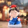 Cute resin miniature of Tang dynasty palace maid in blue outfit and red floral headpiece - Go Game Playing Maiden Figurine