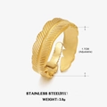 Adjustable golden feather ring in stainless steel with detailed leaf texture engraving - Exquisite Feather Style (ZN153) / Steel