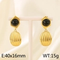 Detailed view of gold stainless steel oval drop earrings with black gemstone inlays - Gold (KE115974-GC)