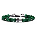 Braided peacock malachite bead bracelet with dark grey metal cross charm on white background - Cross Pendant Style / Peacock