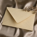 Elegant cream linen textured paper envelope displayed on champagne silk fabric background - 1pc Linen Yellow Envelope / Yellow