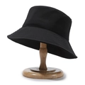 Classic black cotton fisherman hat for sun protection displayed on a wooden stand - One Size / Black